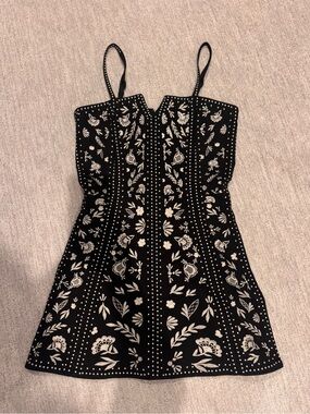 Aqua Black Mini Dress with White Floral Embroidery